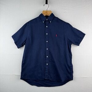 Polo Ralph Lauren Blue Men's Large Linen Button Up Shirt Short Sleeve